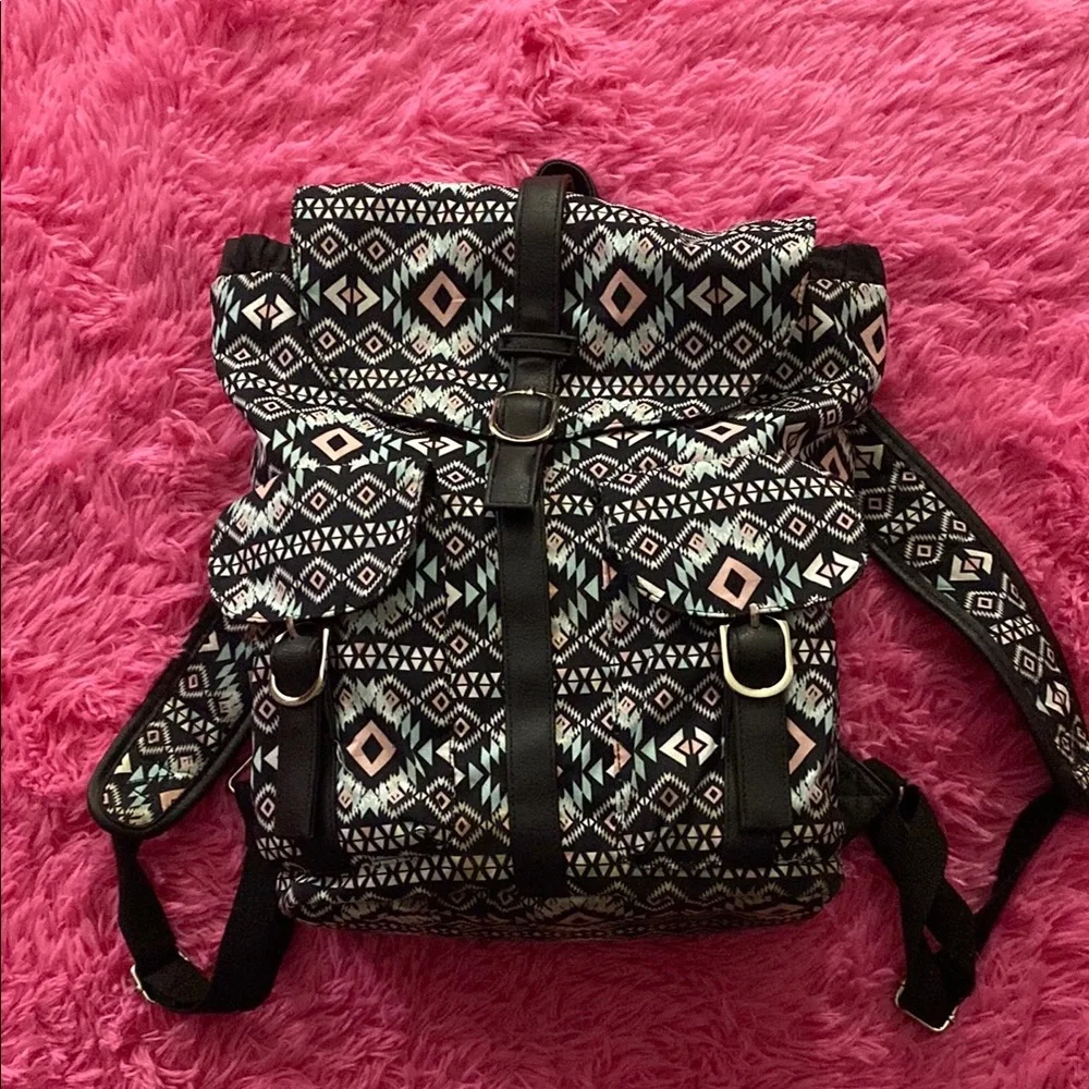 Black & Pink Aztec-Print Roll Top Backpack